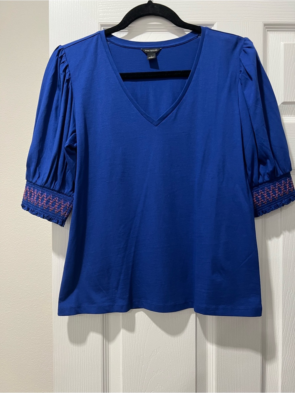 Ann Taylor Royal Blue V-Neck Puff Sleeve Top with Embroidered Cuffs
